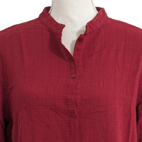 Eileen Fisher Red Button-Down Linen-Blend Long-Sleeve Shirt with Mandarin Collar - Picture 3 of 8